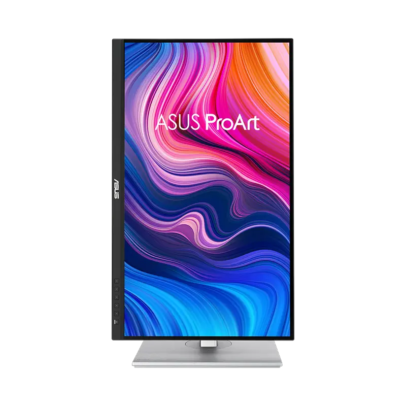 Monitor ASUS ProArt PA279CV - 27" 4K IPS 8 Monitor ASUS ProArt PA279CV en modo vertical (pivote 90°), mostrando timelines 4K, código o redes sociales; base ergonómica y panel IPS sin parpadeo para productividad máxima