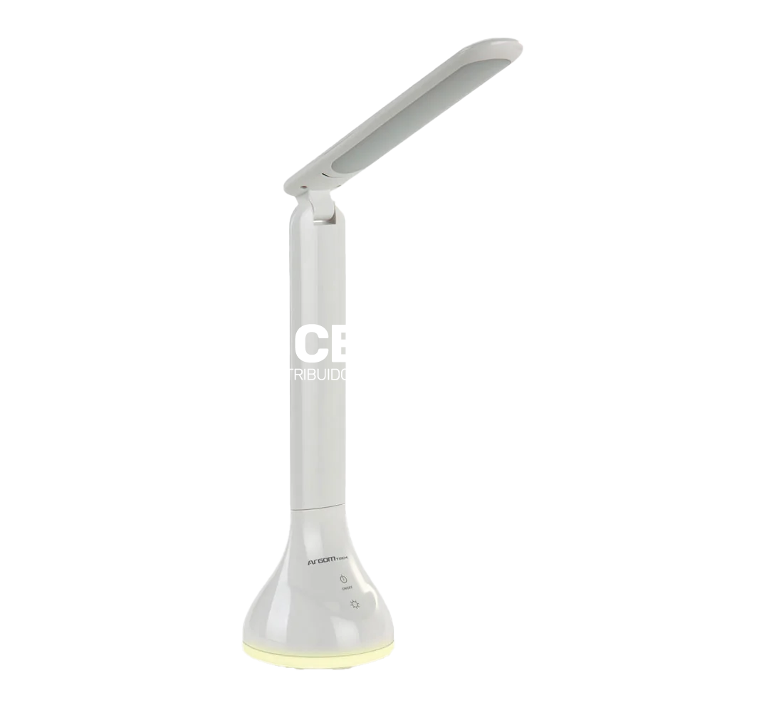 Lámpara LED de escritorio plegable vista frontal mostrando su diseño elegante.