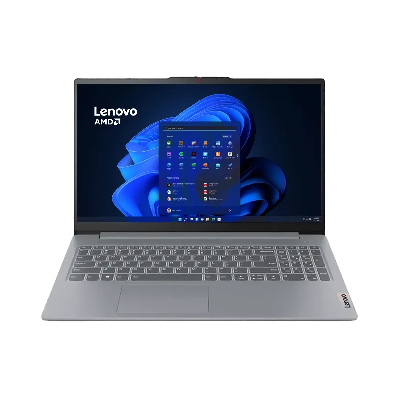 Laptop Lenovo IdeaPad Slim 3 15AMN8 AMD Ryzen 5 7520U 16GB 512GB 15.6" FHD | 82XQ00RBLM 5 Laptop Lenovo IdeaPad Slim 3 15AMN8 (modelo 82XQ00RBLM) abierta, mostrando su pantalla FHD TN antireflejo de 15.6 pulgadas. Color Arctic Grey con procesador AMD Ryzen 5 7520U.