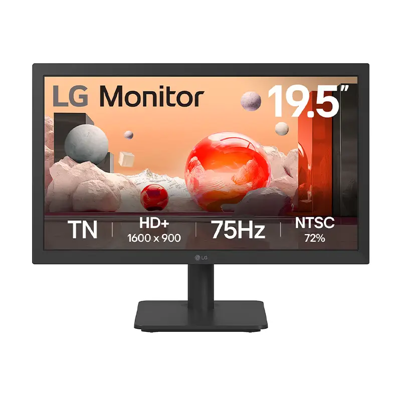 Monitor LG 20U401A-B 19.5" LED HD+ 1600×900 px, 75 Hz, HDMI/VGA, panel anti-reflejo, color negro mate. Ideal para oficina o estudio. Monitor LG 19.5Pulg. negro de frente, base cuadrada y bordes estrechos - 20U401A-B