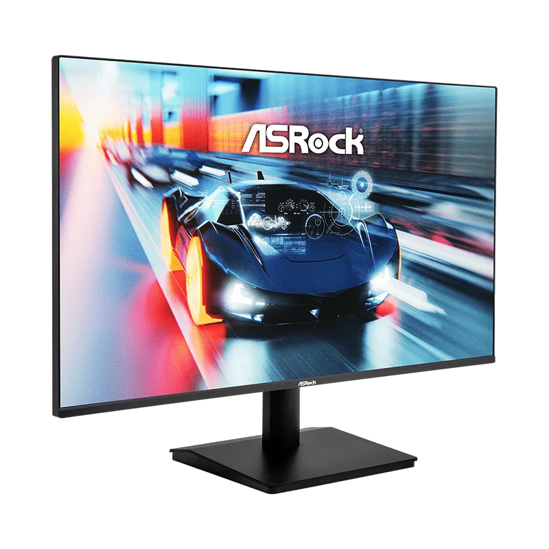 Vista frontal en ángulo del monitor ASRock CL27FFA Challenger con soporte de mesa, destacando su inclinación ajustable de -5° a +20°, relación de contraste 1500:1 y tiempo de respuesta de 1ms MPRT.