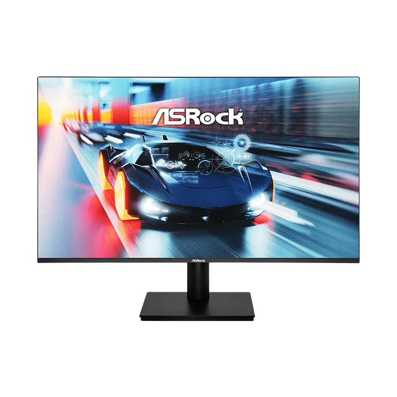 Monitor ASRock CL27FFA Challenger de 27 pulgadas en vista frontal, mostrando su pantalla IPS Full HD de 1920x1080, frecuencia de 120 Hz y diseño gaming con biseles delgados. Espacio de color 95% DCI-P3.