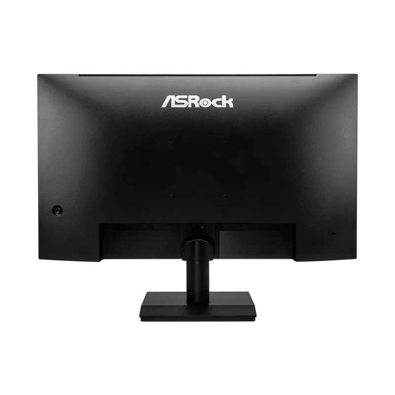 Parte posterior del monitor ASRock CL27FFA Challenger mostrando el acabado texturizado en negro con detalles de diseño agresivo, la base desmontable y las opciones de montaje VESA.