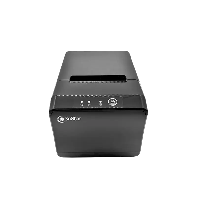 Impresora térmica 3NSTAR RPT004 de frente con diseño compacto, puerto USB y Ethernet visible