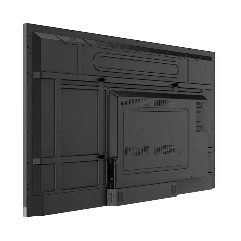 Parte trasera de la pantalla interactiva BenQ RE-6501 vista desde la derecha, mostrando ranura OPS, antena Wi-Fi, salidas HDMI, USB táctil y dissipación térmica pasiva