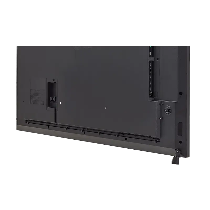 Esquina inferior izquierda del monitor comercial LG 49UM5N-E con puertos HDMI 2.0, DisplayPort 1.2, RS232C, USB y salida HDMI loop-through para daisy-chain