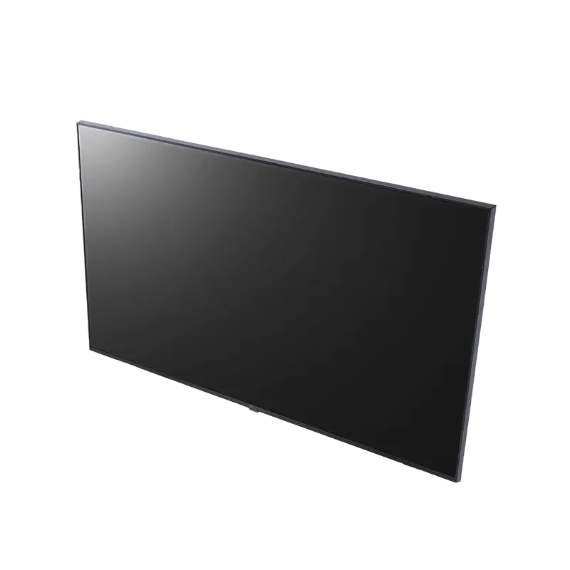 Vista superior diagonal derecha del monitor comercial LG 50UL3J-M mostrando el panel VA antirreflejo 2 % Haze y el logo webOS 6.0 comercial