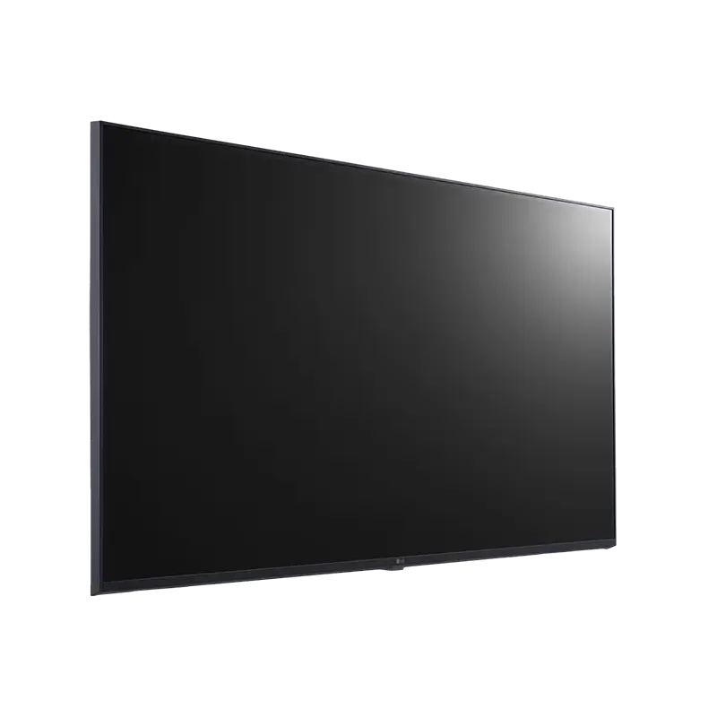 Monitor comercial LG 50UL3J de 50 pulgadas apagado, vista lateral izquierda que muestra el perfil de 57,1 mm y bisel uniforme para mosaicos 15×15