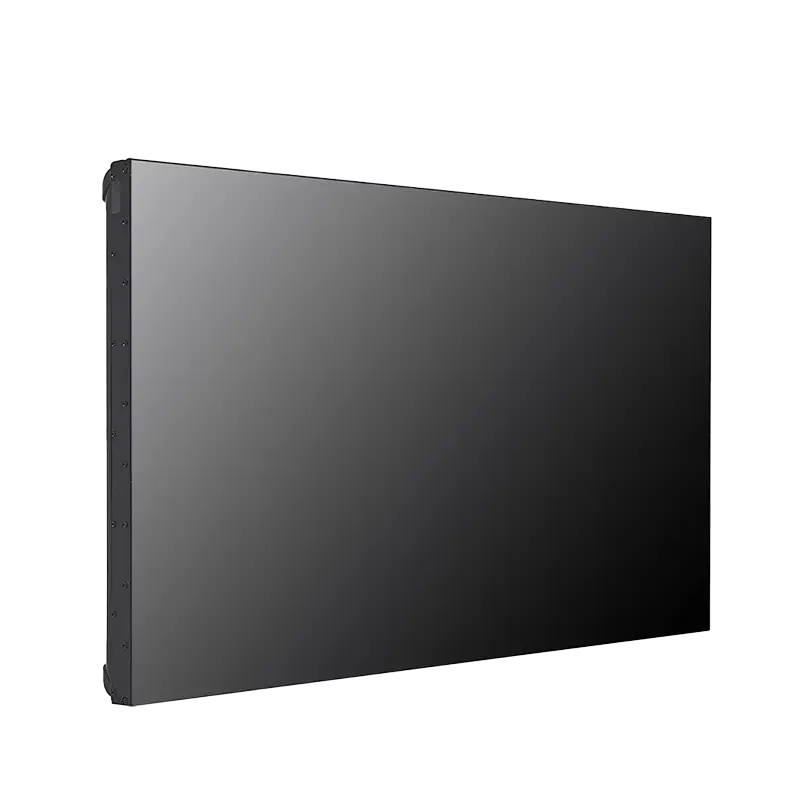 Monitor videowall LG 55VM5J-H vista lateral izquierda que muestra el perfil de 86,9 mm, asas de transporte y bisel simétrico ultra-delgado para instalación segura en pared o carro