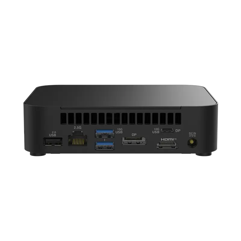 ASUS NUC 14 Essential trasera puertos HDMI 2.1 DP 1.4 RJ45 2.5G USB-A 2.0