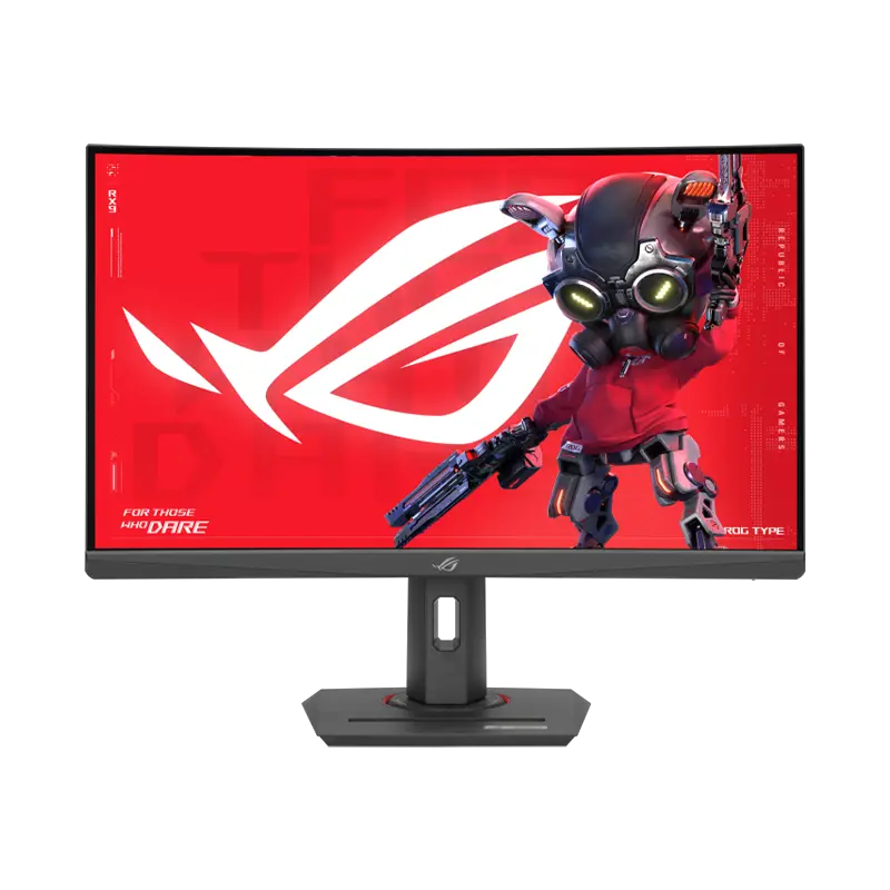 Vista frontal que muestra la pantalla Fast VA de 27″ con resolución 2560×1440 (QHD), 180 Hz, 1 ms GtG, 400 cd/m², 95 % DCI-P3 y HDR10; curvatura 1500R para inmersión total y acabado negro mate con logo ROG proyectado. Monitor ASUS ROG STRIX XG27WCS 27 pulgadas frente curvo 1500R QHD 180 Hz negro