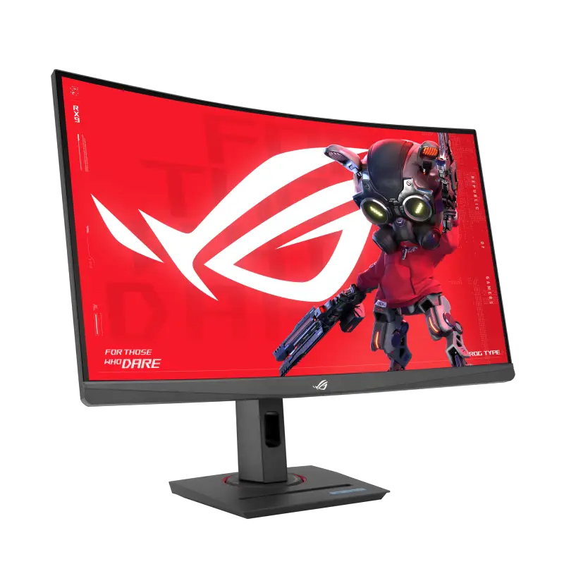 Ángulo lateral que revela el rango de altura regulable (0-120 mm) y la inclinación -5°~+20°; se aprecian los biseles laterales y la base con paso de cables integrado y rosca trípode 1/4″. ASUS ROG STRIX XG27WCS 27 pulgadas frente izquierda altura 120 mm negro