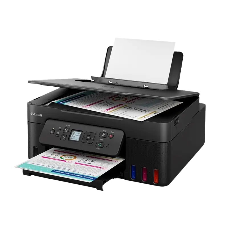 Mismo ángulo derecho pero con bandejas abiertas: entrada de 100 hojas y salida de 30 hojas. Se aprecia el paso de papel para impresión automática duplex y el acceso frontal a los tanques GI-11. Canon G3180 desde la derecha con bandeja de entrada y salida extendidas, lista para imprimir duplex