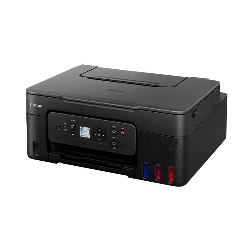 Ángulo derecho que muestra el acabado mate y líneas limpias del G3180 con bandejas recogidas; ideal para colocar en estanterías o escritorios sin ocupar espacio extra. Vista lateral derecha del Canon G3180 con bandejas cerradas y perfil de 178 mm