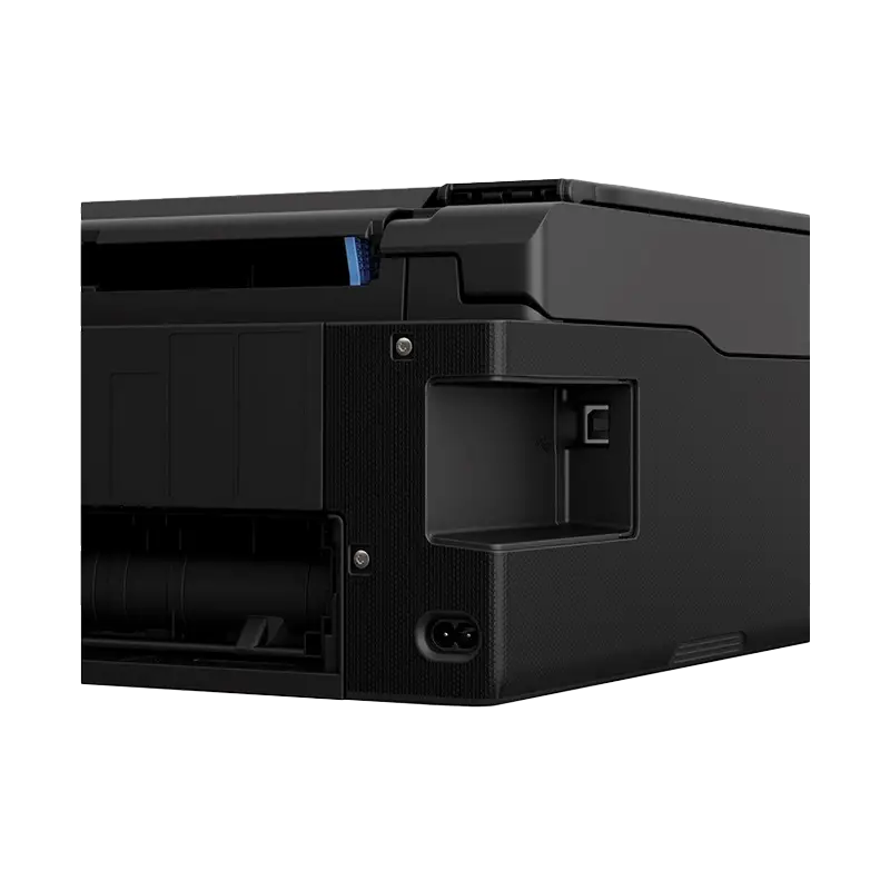 Panel posterior que revela el puerto USB-B Hi-Speed y el conector de alimentación 100-240 V. Diseño ordenado para mantener cables ocultos y escritorio limpio. Parte trasera del Canon G3180 con puerto USB-B y entrada de alimentación