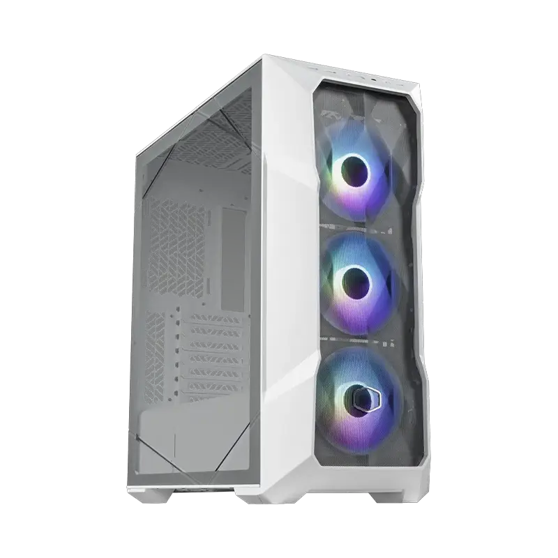 Cooler Master TD500 Mesh V2 Blanco frente y panel lateral de cristal templado mostrando iluminación ARGB