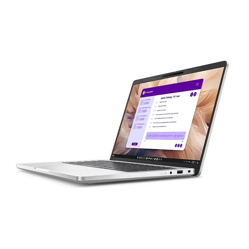 Dell Pro 14 Plus PB14250 desde la derecha abierta mostrando rejillas de ventilación, batería de 45 Wh y acabado Silver