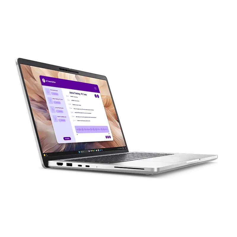 Dell Pro 14 Plus PB14250 desde la izquierda abierta mostrando puertos Thunderbolt 4, USB-A, HDMI y perfil slim