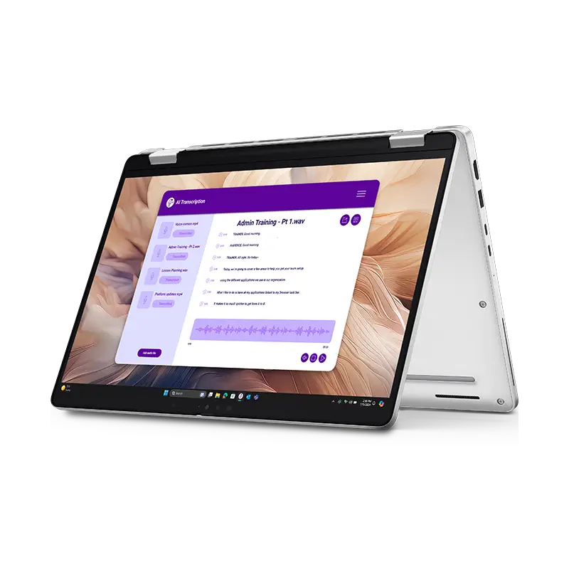 Dell Pro 14 Plus PB14250 en modo tablet 360°, mostrando pantalla táctil, pen magnético y acabado Silver