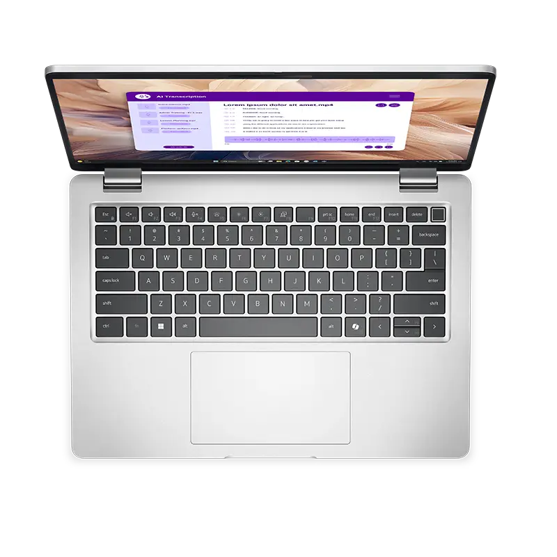 Vista cenital del teclado retroiluminado del Dell Pro 14 Plus PB14250 con distribución española, tecla Copilot y pen magnético incluido