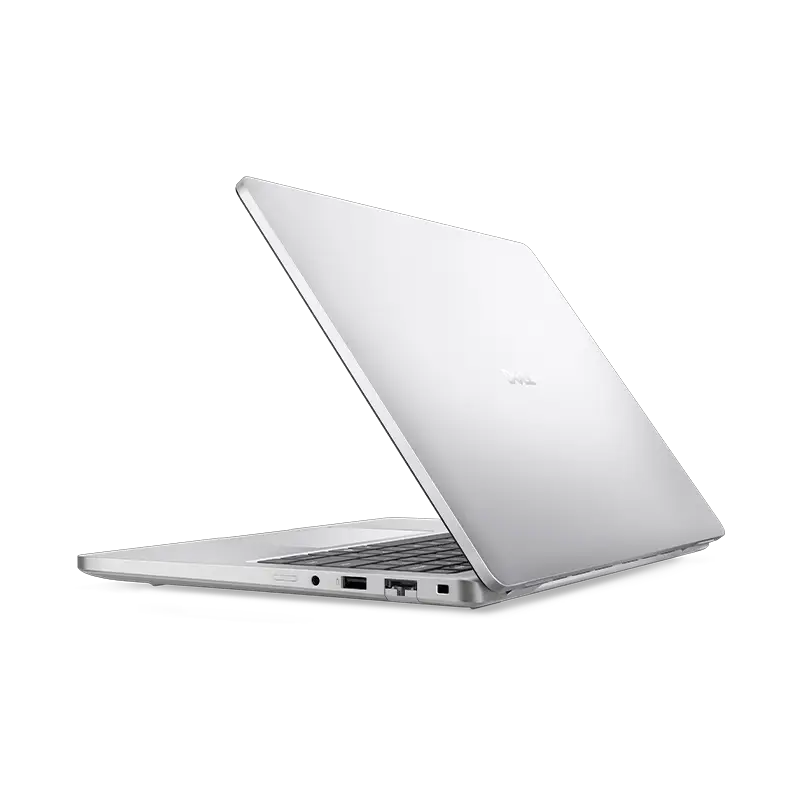 Vista trasera derecha del Dell Pro 14 Plus PB14250 mostrando ventilación, obturador de cámara y ranura Kensington