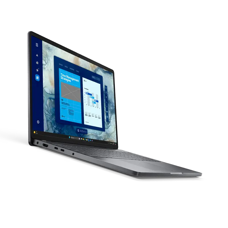 Dell Pro 16 PC16250 desde la izquierda abierta mostrando puertos Thunderbolt 4, USB-C, HDMI 2.1 y perfil slim