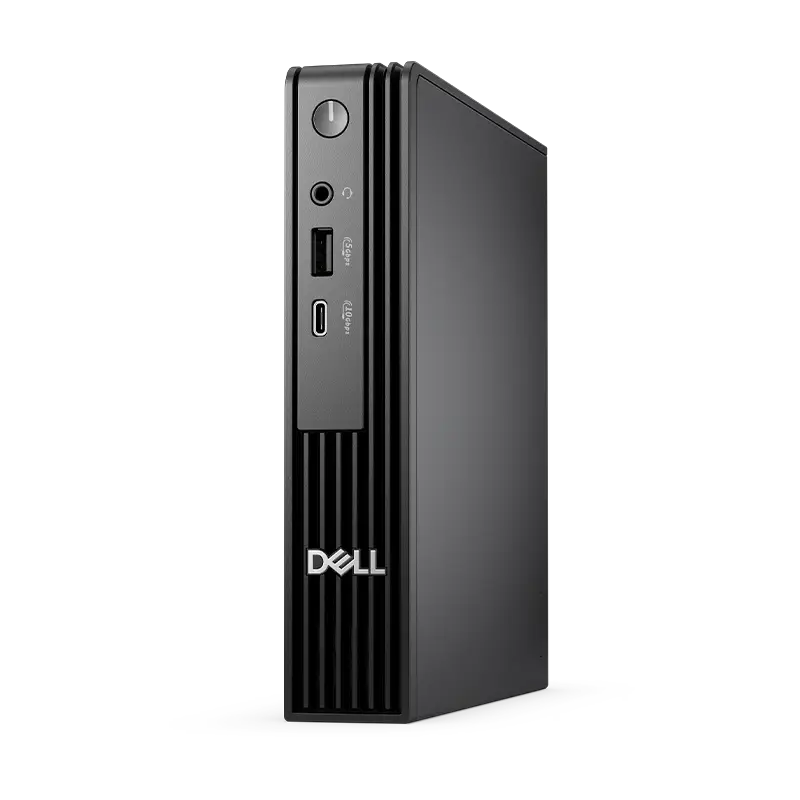 Vista lateral derecha frontal del QCM1250 en vertical, mostrando perfil micro, dissipador fanless y acabado negro