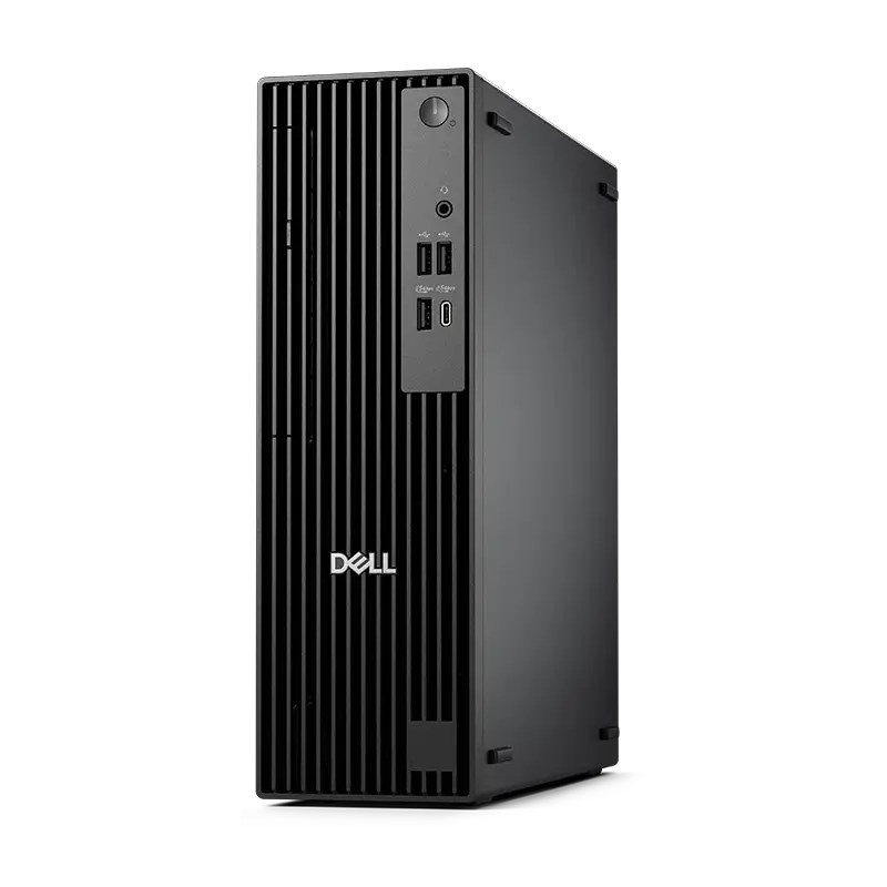 Vista lateral derecha frontal del QCS1250 1N5GV en vertical, mostrando perfil slim, dissipador fanless y acabado negro