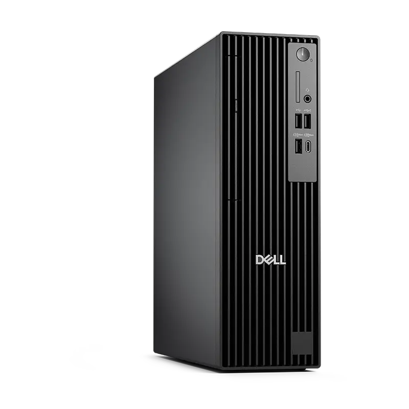 Vista lateral izquierda frontal del QCS1250 1N5GV en vertical, mostrando perfil compacto, teclado Dell KB216 ESP y mouse Dell MS116 incluidos