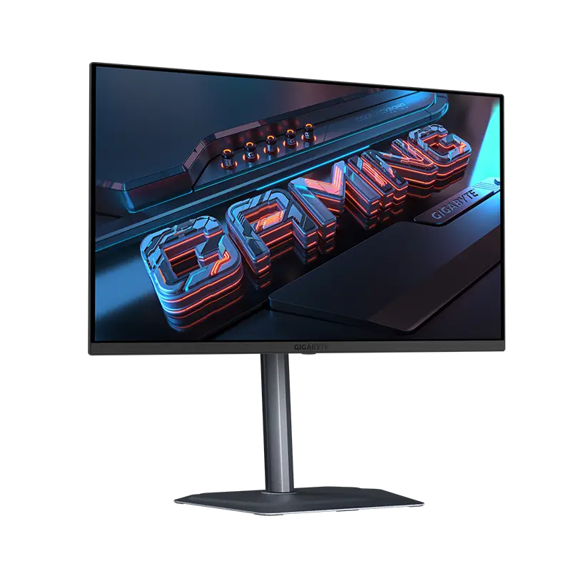 Ángulo lateral que revela el rango de altura (130 mm), pivote antihorario y la inclinación -5°~+21°; se aprecian los biseles laterales y la base con paso de cables integrado. Gigabyte MO27Q2 27 pulgadas frente izquierda altura 130 mm pivote 90° negro