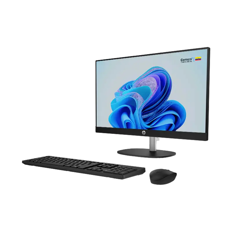 Vista derecha que muestra la cámara FHD inclinable con obturador, puertos USB-C y USB-A 5 Gbps laterales, y el acabado negro con base metálica. Ideal para videollamadas y trabajo híbrido. HP AIO 24-cr0234la desde la derecha mostrando cámara FHD inclinable, puertos USB laterales y acabado negro