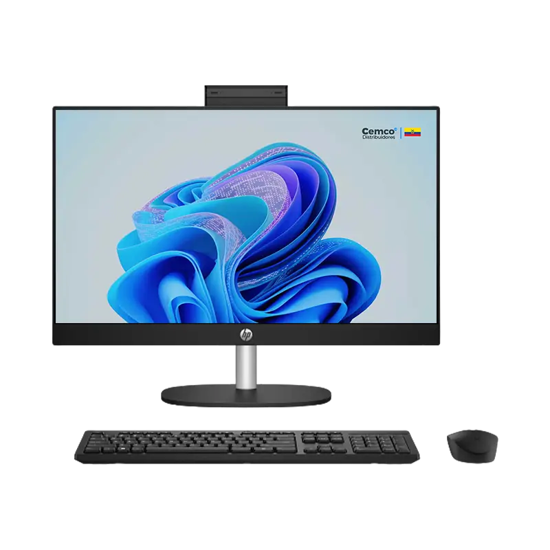 Vista frontal que muestra el equipo todo-en-uno con pantalla IPS 23.8" FHD (1920×1080), 99 % sRGB, micro-edge y anti-reflejo. Incluye teclado y mouse inalámbricos HP 510SP negros, cámara FHD con obturador y altavoces duales de 2 W. HP AIO 24-cr0234la – Ryzen 3 de frente con teclado y mouse inalámbricos negros, pantalla 23.8" FHD IPS y cámara FHD con obturador