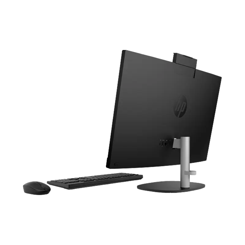 Panel posterior que muestra 1× USB-C 5 Gbps, 2× USB-A 5 Gbps, 2× USB 2.0, combo jack, RJ-45 Gigabit y salida HDMI 1.4. Incluye adaptador Smart 90 W y soporte para montaje VESA. Construcción con 40 % plástico reciclado y 10 % metal reciclado. Parte trasera del HP AIO 24-cr0234la mostrando puertos USB, HDMI 1.4, Ethernet y teclado/mouse inalámbricos