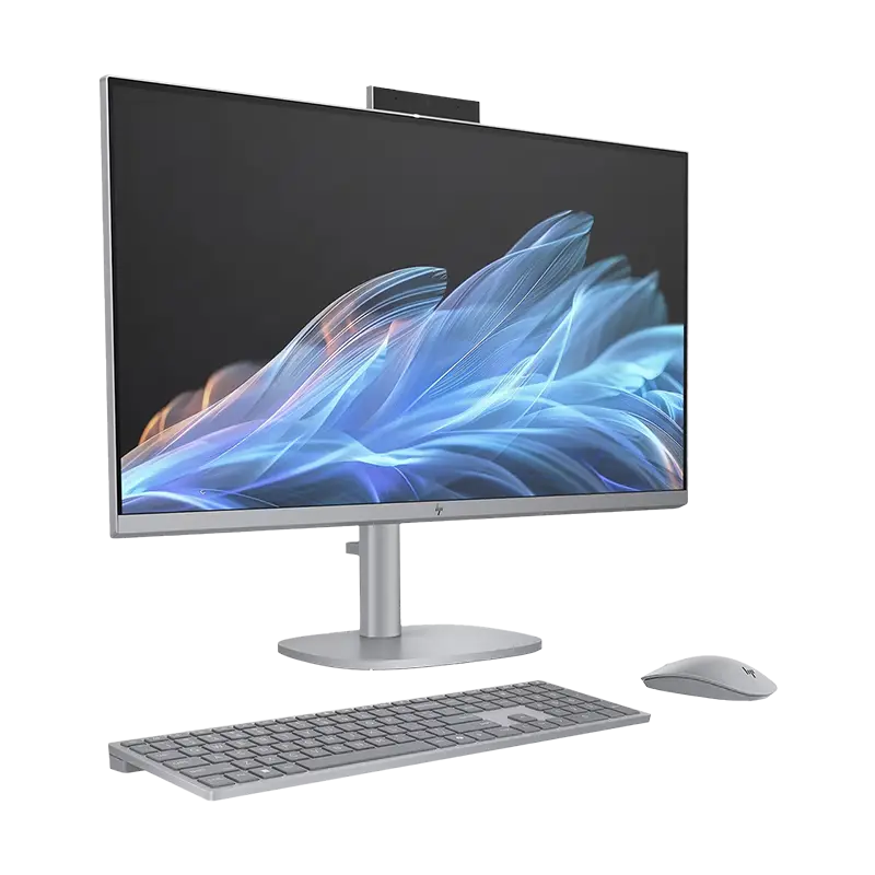 HP OmniStudio X 27-cs0272la desde la izquierda mostrando perfil delgado, base de altura ajustable y acabado plata meteoro