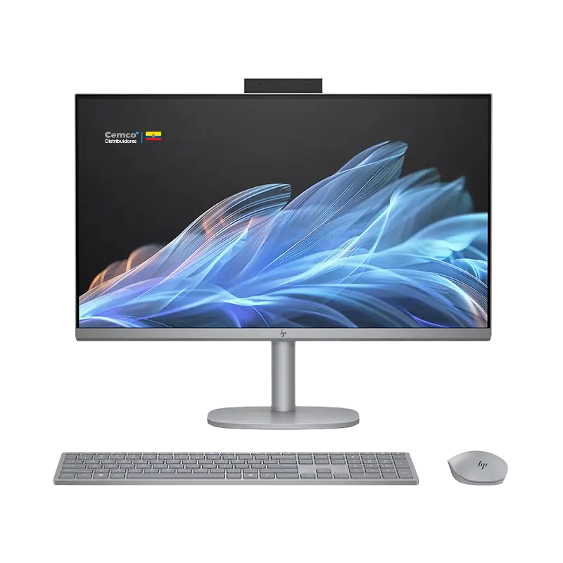 HP OmniStudio X 27-cs0272la de frente con teclado y mouse USB Meteor Silver, pantalla 27" FHD táctil IPS y cámara 5 MP con IR