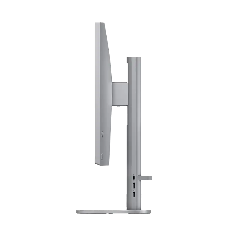 HP OmniStudio X 27-cs0272la lateral derecho mostrando perfil delgado, altavoces Poly Studio 5 W y acabado premium plata meteoro