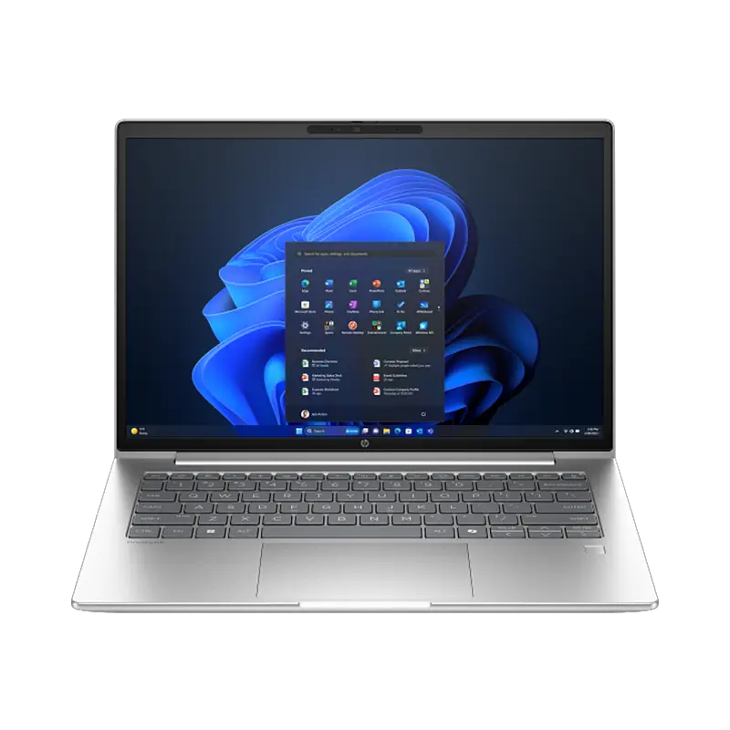 Vista frontal que muestra la laptop abierta con pantalla WUXGA 1920×1200 (300 nits, antirreflejo), procesador Intel Core i5-120U (10C/12T, hasta 5 GHz), 16 GB DDR5-5600, SSD NVMe 512 GB y Windows 11 Pro. Teclado en español resistente a derrames y acabado Silver profesional. HP ProBook 4G1iR Intel Core 5-120U abierta de frente mostrando pantalla WUXGA 14", teclado HP resistente a derrames y acabado Silver