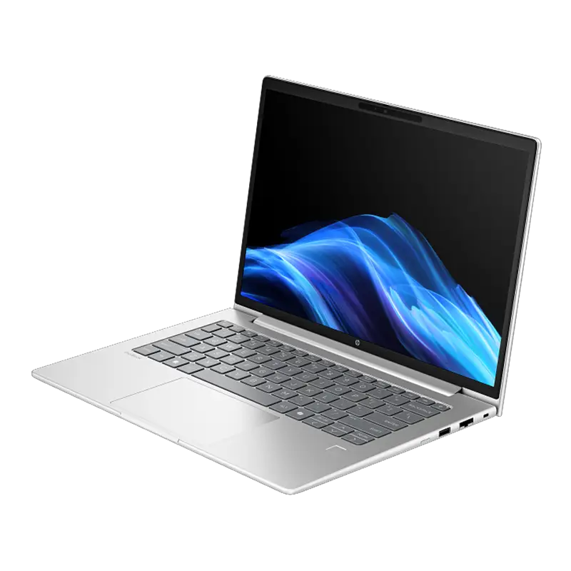 Vista derecha que muestra las rejillas de ventilación, el grosor optimizado (1.398 kg), la batería de polímero de 56 Wh con carga rápida y el acabado Silver. Con certificaciones MIL-STD-810H, EPEAT Gold y ENERGY STAR 8.0. HP ProBook 4 G1iR desde la derecha abierta mostrando rejillas de ventilación, batería de 56 Wh y acabado Silver