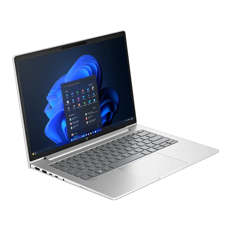 Ángulo izquierdo que revela 2× USB-C 3.2 Gen 2 (PD + DisplayPort 1.4), 2× USB-A 3.2 Gen 1, HDMI 1.4 y combo de audio. Ideal para monitores 4K, periféricos y carga rápida. Con Wi-Fi 6E y Bluetooth 5.3 integrados.
HP ProBook 4 G1iR desde la izquierda abierta mostrando puertos USB-C, HDMI, USB-A y perfil slim de 1.398 kg