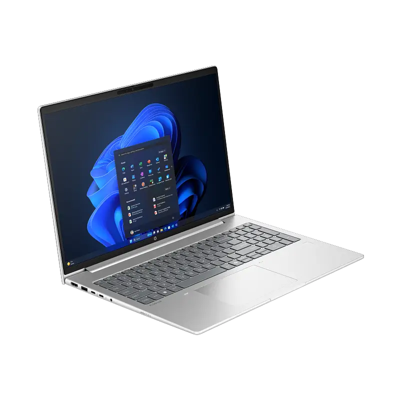 HP ProBook 4G1iR 16" desde la izquierda abierta mostrando puertos USB-C, DisplayPort 1.4, Ethernet RJ-45 y perfil slim