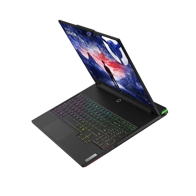 Legion 9 desde frente derecho abierto mostrando rejillas de ventilación, perfil de 22,7 mm y acabado forged carbon