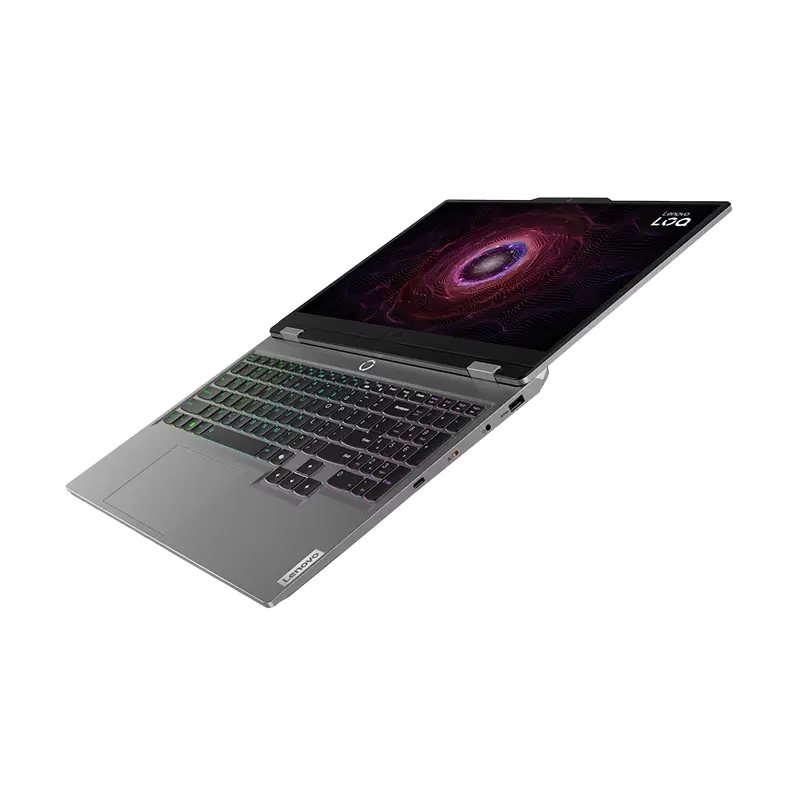 LOQ 15ARP9 abierta 180° desde lateral derecho mostrando pantalla 144 Hz 100 % sRGB y teclado completo