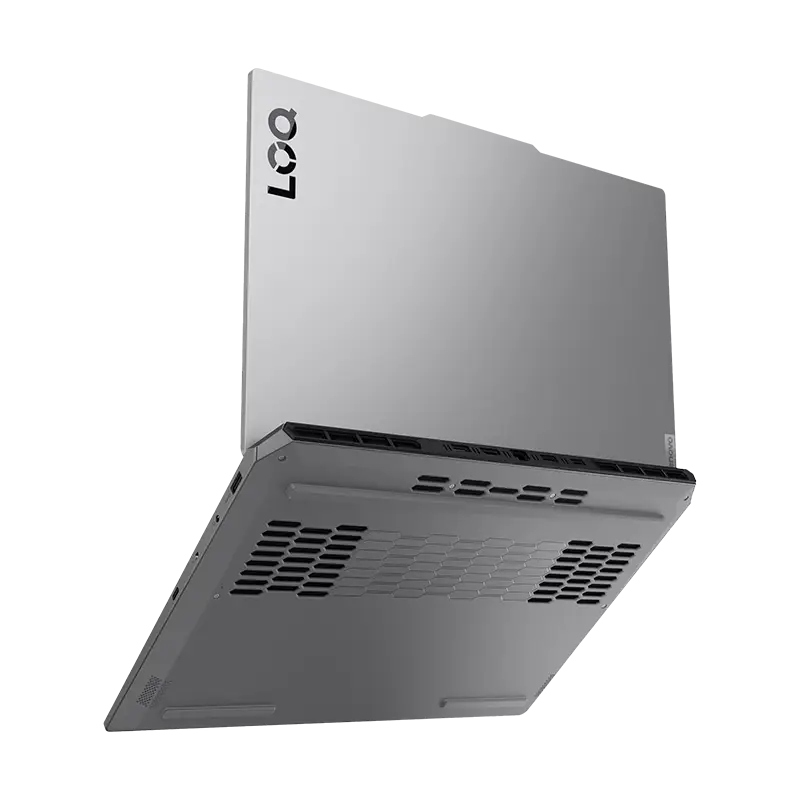 LOQ 15IRX10 con cover superior levantado mostrando ventilación inferior, sin exponer RAM ni SSD