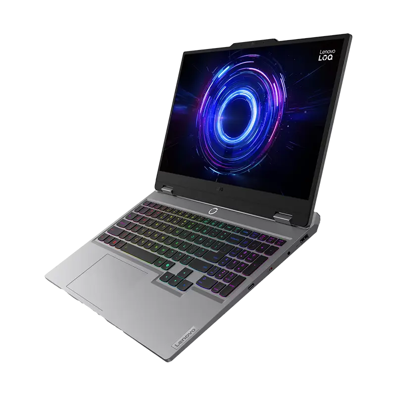 LOQ 15IRX10 desde frente derecho abierto mostrando rejillas de ventilación y perfil de 21,9 mm