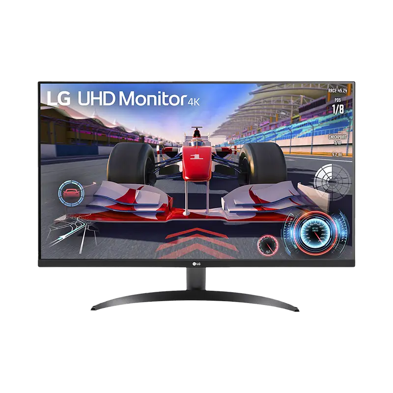 Vista frontal que muestra la pantalla LED-UW de 31,5″ con resolución 3840×2160 (4K UHD), 60 Hz, 4 ms GtG, 90 % DCI-P3 y 250 cd/m²; acabado negro mate y altavoces integrados. Monitor LG 32UR500R-B 31 5 pulgadas frente 4K UHD 60 Hz negro