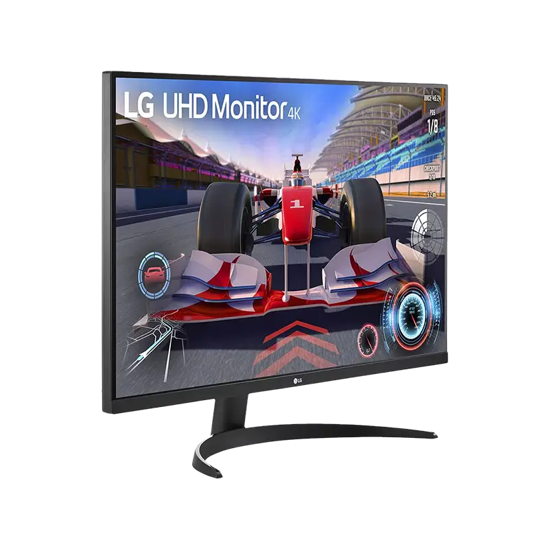 Ángulo lateral que revela la inclinación ergonómica y el grosor del panel (45,7 mm); se aprecian los biseles laterales y la base con paso de cables integrado. LG 32UR500R-B 31 5 pulgadas frente izquierda inclinación -5 +15° negro