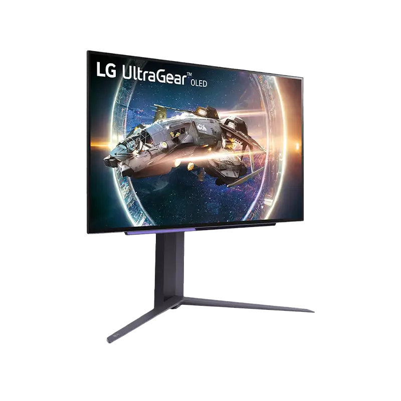 Ángulo lateral que revela el rango de altura regulable (0-110 mm) y la inclinación -5°~+15°; se aprecian los biseles laterales y la base con paso de cables integrado. LG UltraGear OLED 27GR95QE-B 27 pulgadas frente izquierda altura 110 mm negro