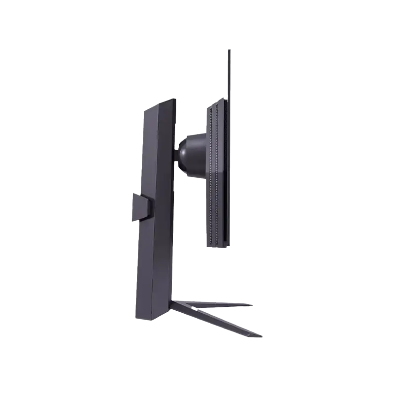 Vista de costado que muestra la base de plástico reforzado, el grosor del panel (45,3 mm) y la abertura para paso de cables; peso total 7,35 kg y 11 kg empaquetado. LG UltraGear OLED 27GR95QE-B 27 pulgadas lateral grosor y base negro