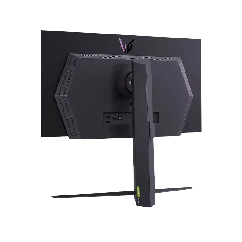 Carcasa trasera con acabado rugoso anti-huella, logo UltraGear en relieve y Hexagon RGB personalizable; compatible con VESA 100×100 y montaje rápido sin herramientas. Trasera LG UltraGear OLED 27GR95QE-B 27 pulgadas completa VESA 100 negro