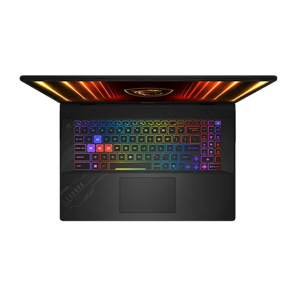 Plano cenital que muestra distribución completa en español, retroiluminación RGB de 24 zonas personalizable, teclas WASD semi-translúcidas y bloque numérico. Recorrido de 1.7 mm y resistencia a 50 millones de pulsaciones. Color cosmos gray y diseño angular que evoca una katana futurista.
Superior MSI Crosshair 17 HX AI: teclado RGB 24 zonas, pad numérico, tecla Copilot, WASD destacadas, touchpad centrado y 100 % DCI-P3.